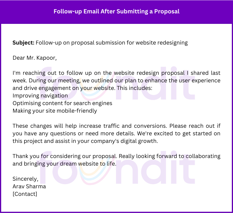 Follow-up Email Samples after Submitting a Proposal for website redesigning