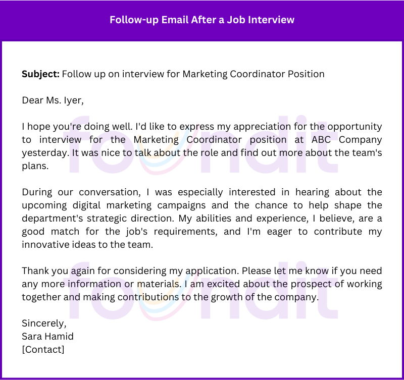 Follow-up Email Samples after After Marketing Coordinator Job Interview