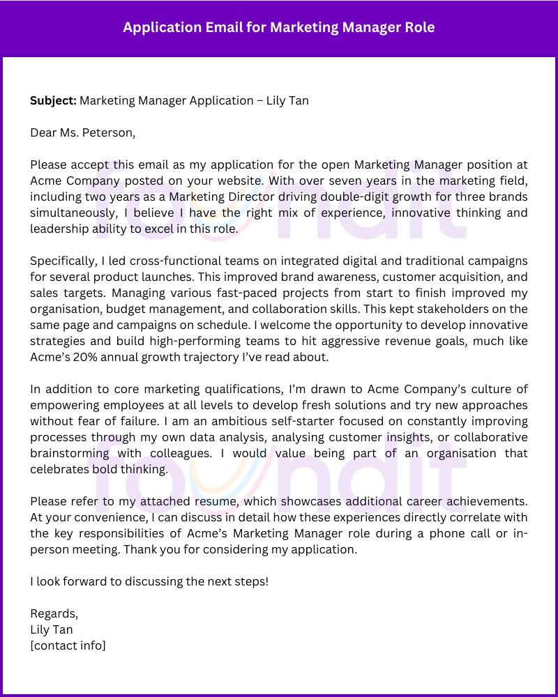 examples of email application letters Applying for Marketing Manager Role