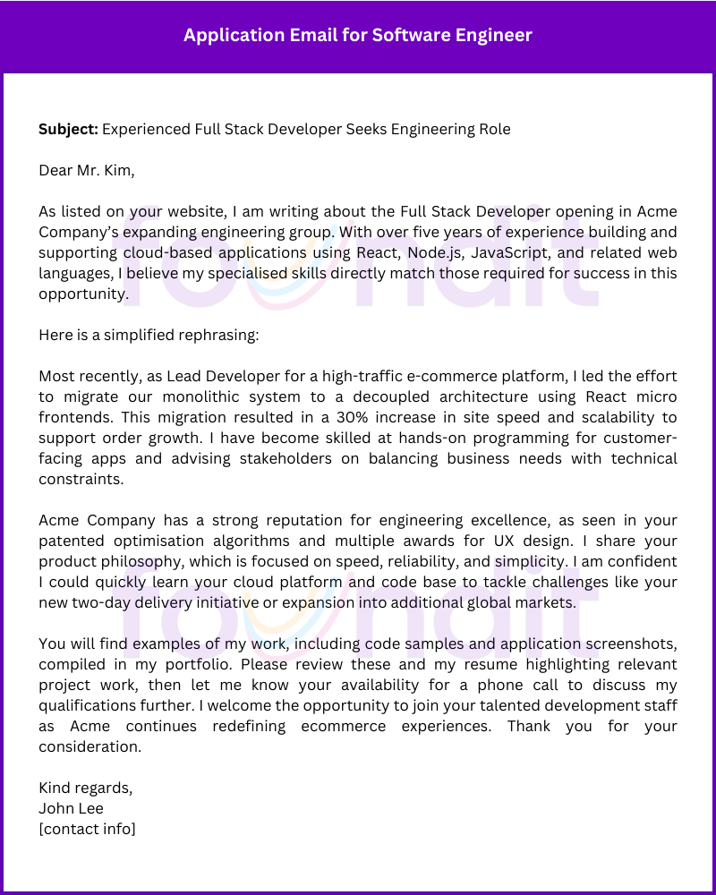 examples of email application letters Applying for Full Stack Developer role