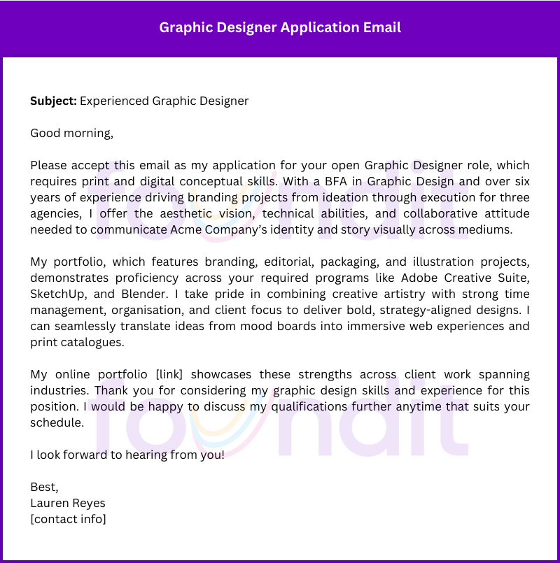 examples of email application letters Applying for experienced graphic designer