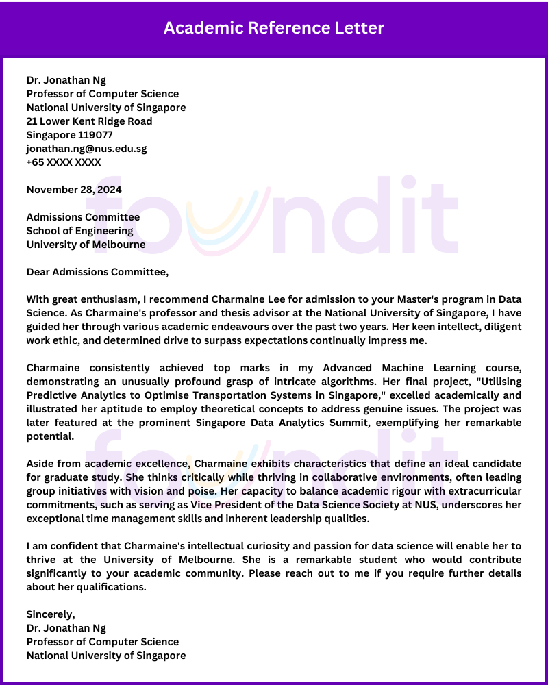 Example of Academic Reference Letter