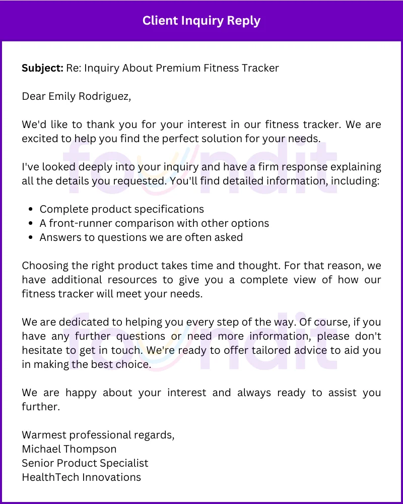 email reply with product details and comparison for a fitness tracker inquiry