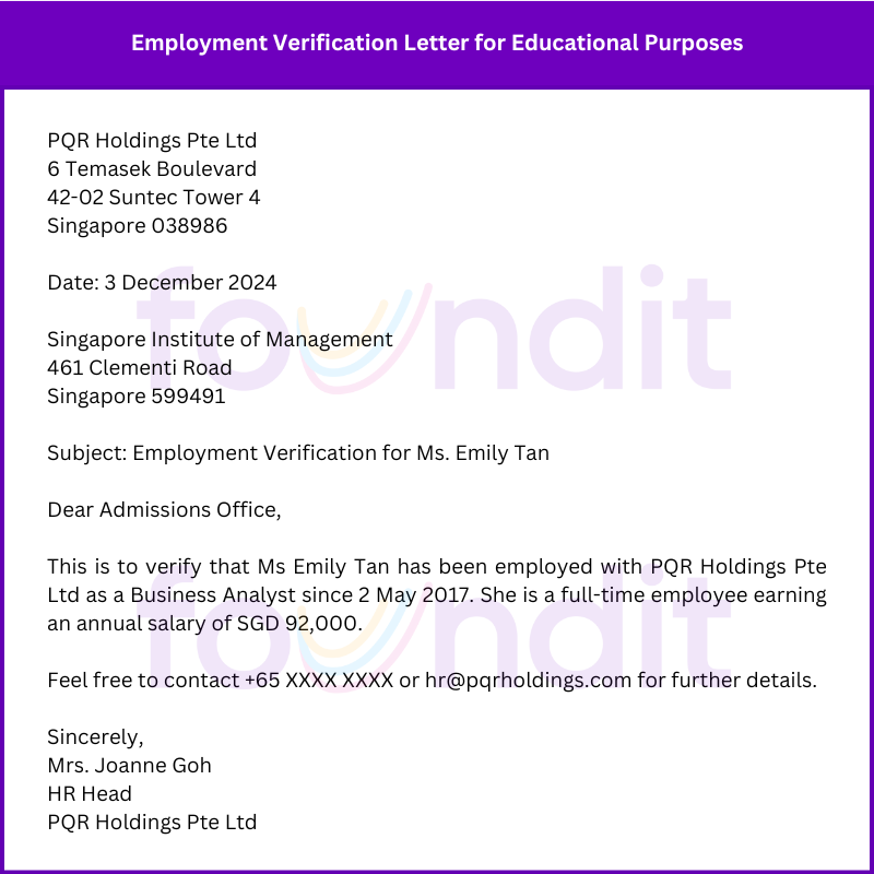 Example of Employment Verification Letter for Educational Purposes