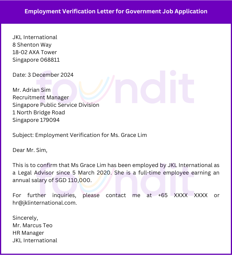 Example of Employment Verification Letter for Government Job Application