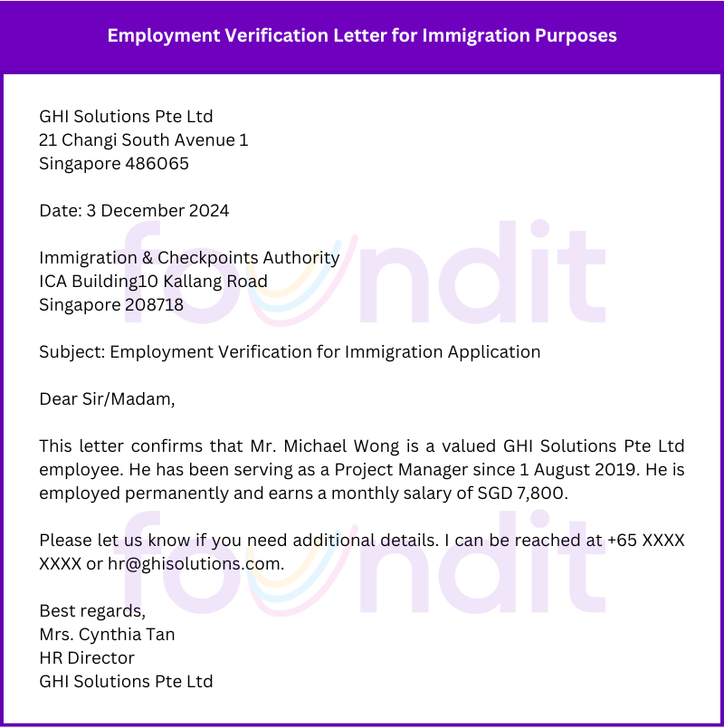 Example of Employment Verification Letter for Immigration Purposes