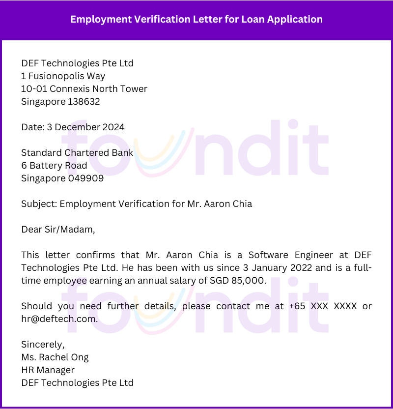 Example of Employment Verification Letter for Loan Application