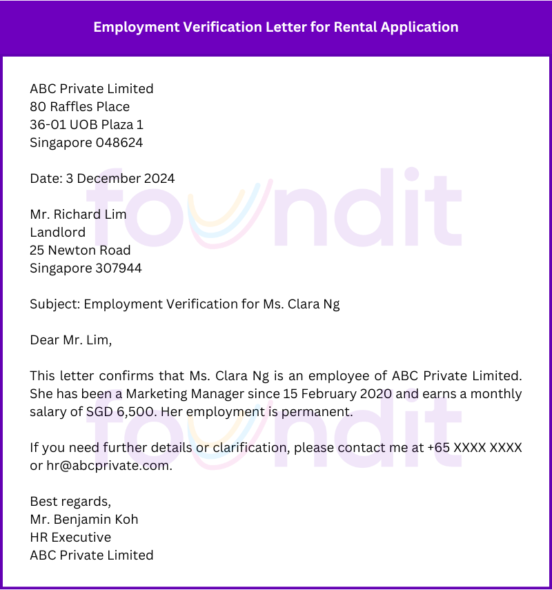 Example of Employment Verification Letter for Rental Application