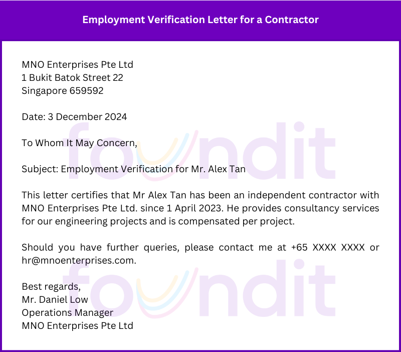 Example of Employment Verification Letter for a Contractor