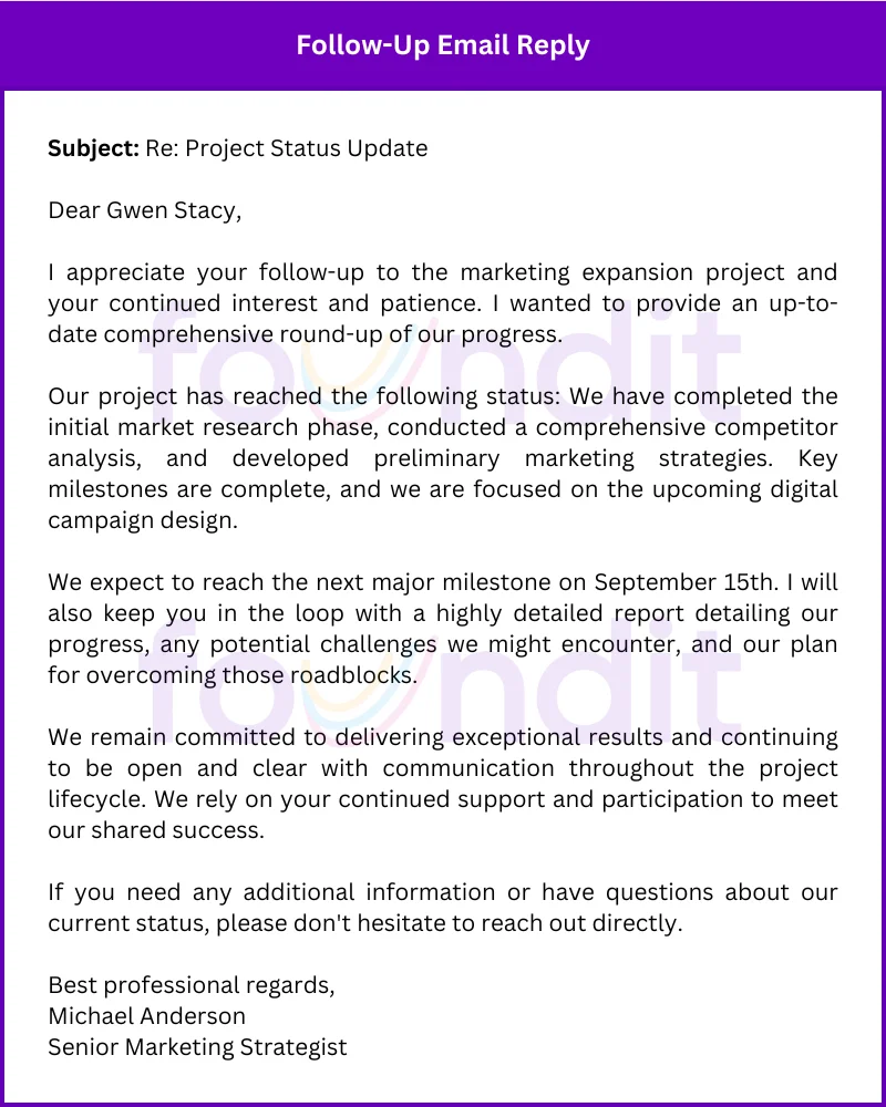 follow-up email updating progress on a marketing expansion project