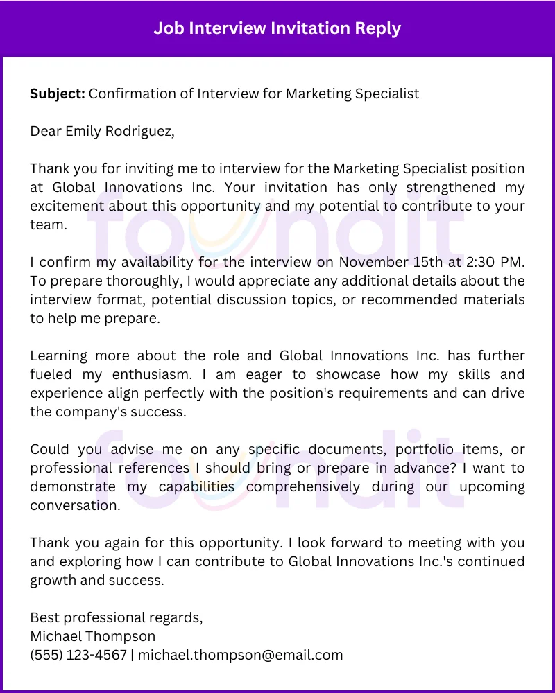 email confirming interview for the marketing specialist position