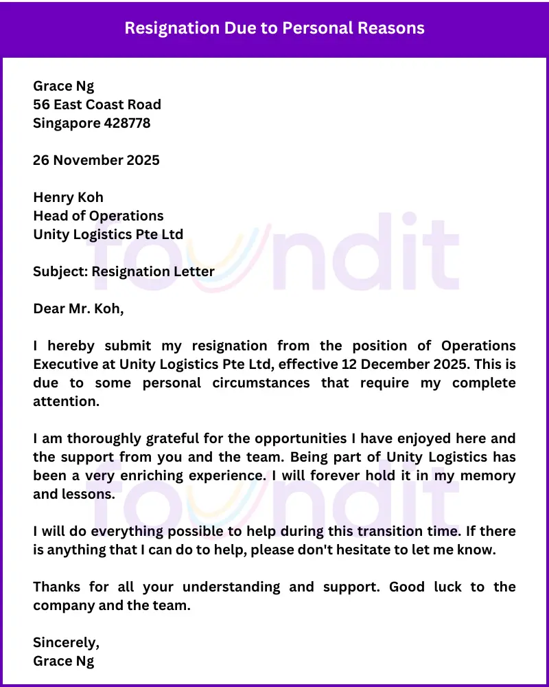 Resignation Due to Personal Reasons