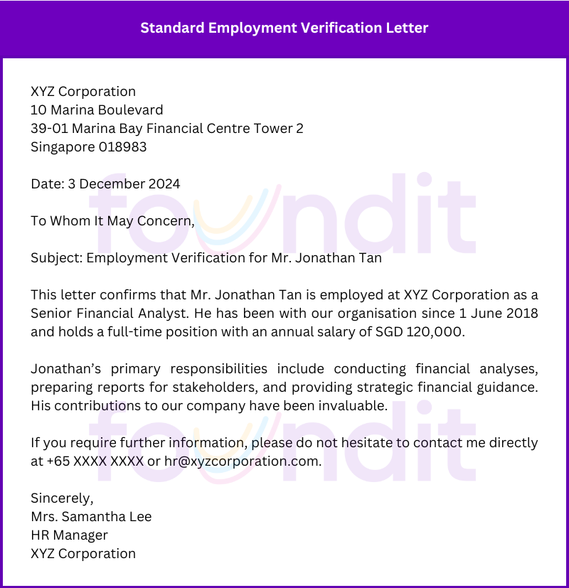 Example of Standard Employment Verification Letter