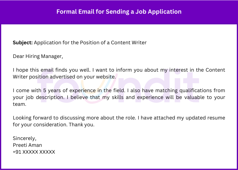 a formal email template for submitting a job application